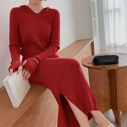 Spring Autumn Hooded Dress Women Casual Long Sleeve Loose Midi es Ladies Solid Korean Sweater 210525