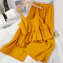 Korean Chic Women Solid Yellow/Red Two Piece Set Ruffle Short Tops + Elastic High Waist Pants Elegant Vintage 2pcs Set Suit New Y0625