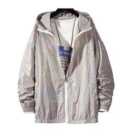 Women Basic Jackets Summer Colorful Reflective Causal Thin Windbreaker Hooded Coat Zipper Bomber veste femme 210914