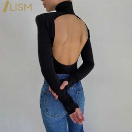 LISM Basic Solid Turtleneck Blackless Rompers Fashion Bodycon Rompers Long Sleeve Body Suits for Womens One Piece Club Outfits Y0927