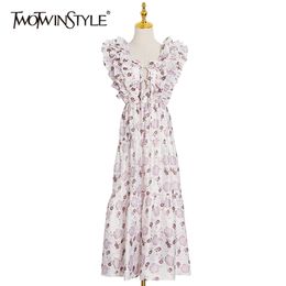 Spring Print Floral Dress For Female Square Collar Sleeveless High Waist Patchwork Ruffle Midi Dresses 210520
