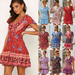 Summer Bohemia Print Short Dress Vintage Tunic Ruffles Mini Beach Dresses Casual Holiday Sundress Lace Up Women Party Vestidos 210507