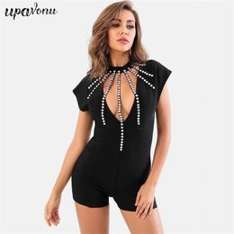 Free Spring Women's Black Bandage Playsuits Sexy O-neck Short Sleeve Bodycon Party Hollow Diamond Jumpsuit 210524