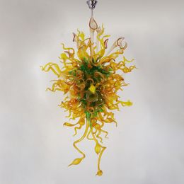 European Lamp Hand Blown Glass Chandelier Creative Flower Pendant Light Restaurant Hotel Lobby Coffee Shop Art Decoration Lamps Green and Amber Color 32 by 48 Inches