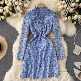 Women Sexy Dress Retro Stand Collar Strap Chest Hollow-out Long-Sleeved Nipped Waist Tube Female Vestidos GK414 210507