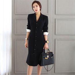 Black Midi Party Dress Spring Women Elegant Single Breasted Long Sleeve V Neck Blazer OL Work Wear Office Lady 210520