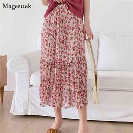 High-Waist Slim Long Skirt A-Line Floral Chiffon s Womens Elastic Style Pleated Chic Elegant Women Dress Jupe 9192 210512