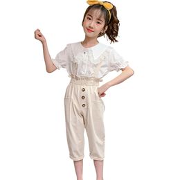 Teen Girls Clothing Lace Tshirt + Jumpsuit For Summer Clothes Set Casual Style Children's 210527