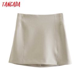 Tangada Women Solid Khaki Skirts Faldas Mujer Zipper French Style Female Mini Skirt BE429 210609