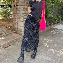 Gitana Bahar Yaz Peri Grunge Uzun Tül Etek Kawaii Ekose Black Harajuku Düşük Bel Korece 220216