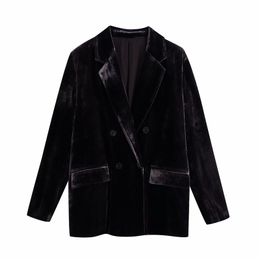 Elegant Women Black Velvet Blazers Fashion Ladies Notched Collar Jackets Streetwear Female Chic Double Breasted Pocket Coat 210427