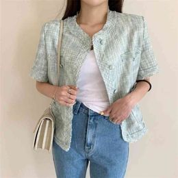 Summer Elegant Tweed Jacket Womens Vinatge Short Sleeve Korean Fashion Single-Breasted Casual Top Female 210519
