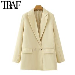 TRAF Women Fashion Office Wear Double Breasted Loose Blazer Coat Vintage Long Sleeve Pockets Female Outerwear Chic Tops 210415