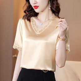 Korean Women's Shirt Silk Blouses for Women Short Sleeve Female Top Lace V-neck Blouse Woman Basic 210604