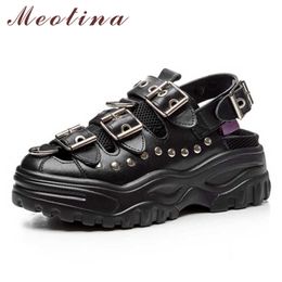 Meotina Sandals Shoes Women Natural Genuine Leather Sandals Wedges High Heel Sandals Buckle Round Ladies Footwear Summer Black 210608