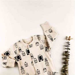 Baby Boy Fashion Long Sleeve Romper With Leg Cartoon House Pattern Beige Cotton Made Clothing 210619