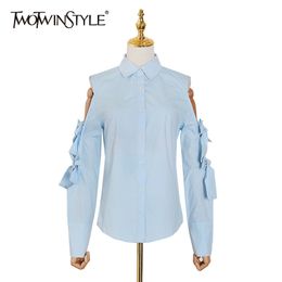 Lace Up Bowknot Casual Blouse For Women Lapel Long Sleeve Hollow Out Blue Shirt Female Fashion Clothing 210524