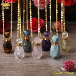 Natural Pink Amethysts Quartz Tiger Eye Stone Perfume Bottle Pendant Necklace,Gold Crystal Essential Oil Diffuser Vial Jewelry 210721