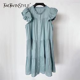 Blue Casual Dress For Women O Neck Short Sleeve Solid Single Breasted Knee Length Dresses Female Summer Clothes 210520