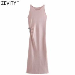 Zevity Women O Neck Sleeveless Solid Slim Knitting Midi Dress Summer Female High Street Side Pleat Diamond Party Vestidos DS8140 210603