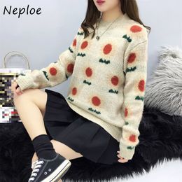 Neploe Autumn and Winter Sunflowers Pattern O-nevk Loose Long Sleeve Knitted Pullovers Fresh Women Sweaters 82234 210423