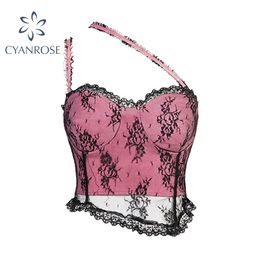 Summer Women Lace Floral Vests Fashion Sleeveless V Neck Strap Bandeau Tops Female Mesh Sexy Slim Crop 210515