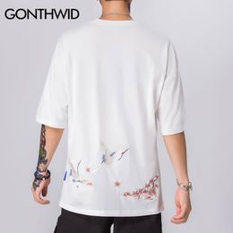 GONTHWID Harajuku Embroidery Cranes Cherry Blossoms Flowers T-Shirts Men Casual Short Sleeve Top Tees Hip Hop Streetwear Tshirts Y0322