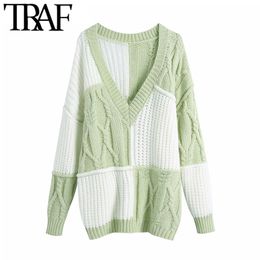 TRAF Women Fashion Patchwork Oversized Knitted Sweater Vintage O Neck Long Sleeve Female Pullovers Chic Tops 210415