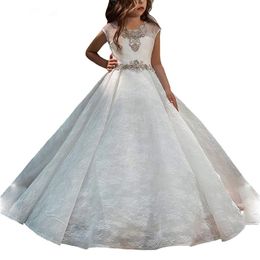 Lace Flower Girls' Dresses For Weddings Long Crystal Tiered Ruffles Little Girl Pageant Gowns Floor Length Communion Dress