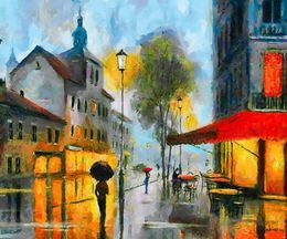 Decorative Modern Abstract Landscape Oil Painting Cafe on a Rainy Day by Celito Medeiros Wall Art Pictures on Canvas for Office,Coffee Shop,Home Decor, Hand Painted