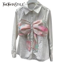 Casual Fake Two Shirt For Women Lapel Long Sleeve Patchwork Bowknot Korean Blouse Female Fashion Clothing 210524