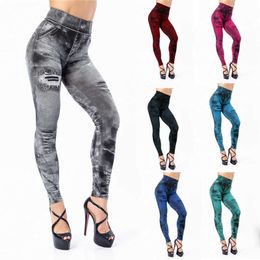 Spring and Autumn New Fashion Print Imitation Jeans Leggings Women's Hig Elastic and Waist Skinny Ankle Pencli Pants Large Size Q0801