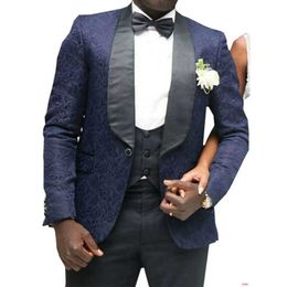 Navy Blue Floral Jacquard Wedding Tuxedo for Groomsmen 3 piece Man Suits with Black Shawl Lapel Custom Jacket Vest with Pants X0909