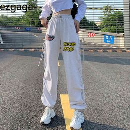 Ezgaga Woman Pants Fashion High Waist Letter Print Drawsting Loose Ladies Trouser Thin Stretch Femme Pantalon Streetwear 210430