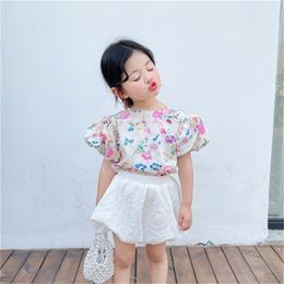 Summer Arrival Girls Fashion Floral 2 Pieces Suit Top+shorts Kids Korean Design Sets Clothes 210528