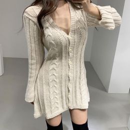 Casual Dresses Knitted For Women Autumn Winter Korean Sexy V-Neck Long Sleeve A Line Button Up Sweater Dress