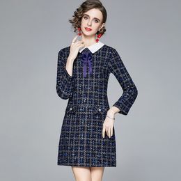Runway Designers Fashion Turn Down Collar Bowknot Plaid Tweed Woollen Dress Autumn Winter Casual Office OL Dresses Vestidos 210514