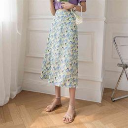 Summer printing Mid-length skirt Korean-style A-line High-waist Womens Elegant Skirts 210507