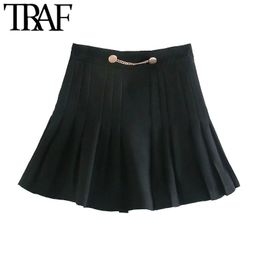TRAF Women Chic Fashion With Chain Pleated Bermuda Shorts Skirts Vintage High Waist Back Zipper Female Skirts Mujer 210415