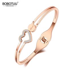 Bobotuu Trendy Rhinestone Love Heart Cuff Bangles for Women Rose Gold Cubic Zirconia Titanium Stainless Steel Bracelets Bb4 Q0717