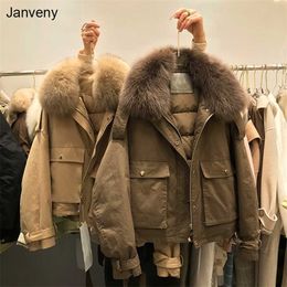 Janveny Real Fur Women's Down Jacket Short Loose 90% White Duck Coat Fashion Female Big Pocket Puffer Snow Outwear 211018