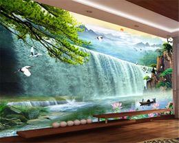 3d Home Wallpaper Large waterfall Flying Bird Lotus Beautiful Landscape 3d Decorative Wall Paper