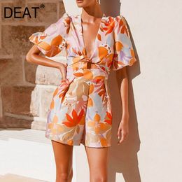 Women Color Printing Bow Bandage Hollow Sexy Jumpsuit Shorts V-neck Half Sleeve High Waist Slim Fashion Summer 7D0391 210421