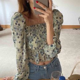 High Waist Elastic Florals All Match Slim Pleated Puff Sleeves Summer Gentle Girls Femme Chiffon Shirts Tops 210525