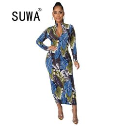 Recommend Style Colourful Printed Bodycon Party Night Club Sexy Dress For Women Casual Long Sleeve Midi Vestidos 210525