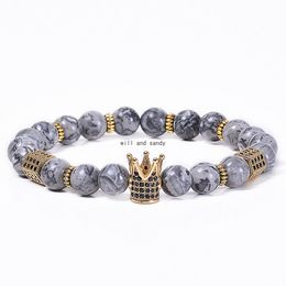 Natural Stone Map beads strand Bracelet Copper Micro-inlaid Zircon diamond Crown Bracelets Braided cuff women men fashion Jewellery will and sandy