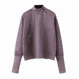 Vintage Geometric pattern print blouse lantern sleeve shirt female stylish office wear chic tops blusas 210401