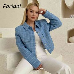 Single Button Tweed Knitted Blazer Coat Women Spring Autumn High Fashion Streetwear Short Top Light Blue 210427