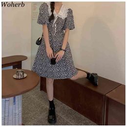 Summer Elegant Women Vintage Mini Dresses Floral Printed Peter Pan Collar Lace Up Robe Dress Korean 210519