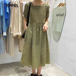 Casual Floral Printing Puff Sleeve Woman Short Mini Dress Korean Square Collar Blouses 210421